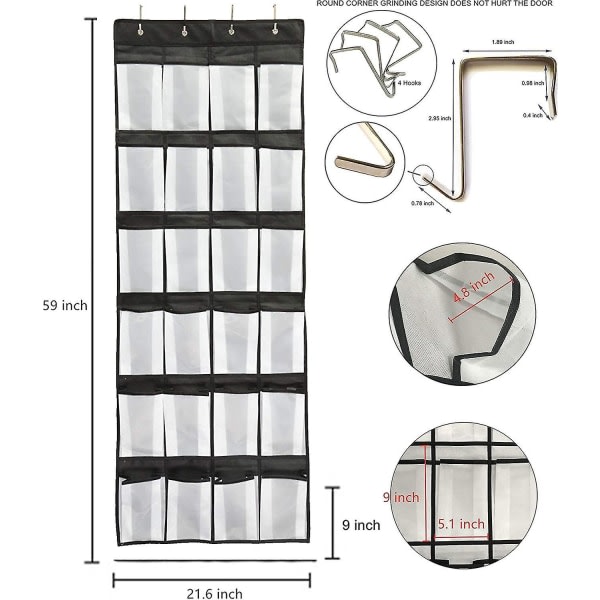 Oviin ripustettava järjestäjä, 24 suurta verkko-kenkätelinettä ja 4 koukkua makuuhuoneen kaappiin, 59 x 21,6 (Väri: Musta)