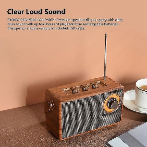 Retro FM-radio, Kannettava Puinen Bluetooth-radio, Bassokaiutin, Handsfree MP3-soitin, Tukee USB/TF-korttia