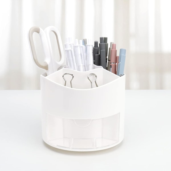 Roterende Pen- og Blyantsholder, 4 Rum Pen Pot - Skrivebordsstationær Opbevaring Makeupbørsteholder til Hjem og Kontor, Pen Organiser Desk Tidy White