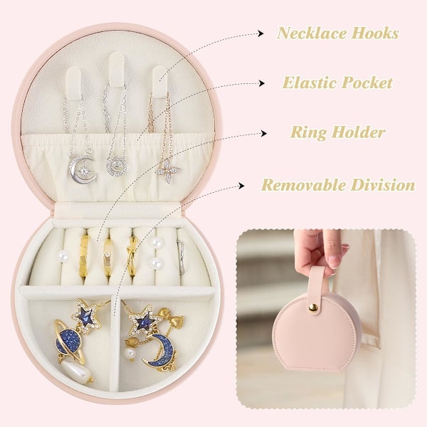 Mini Smyckeskrin Organiser, Resesmyckeskrin för Kvinnor Liten PU-Läder Smyckesförvaringsväska med Blixtlås Bärbar Smyckesgåvoask Bright Pink