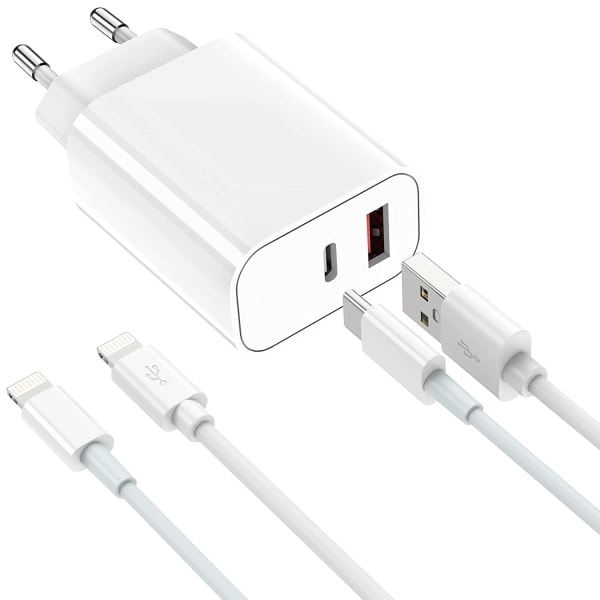 Hurtig iPhone dobbel lader med 2 kabler dual laddare med 2 kablar