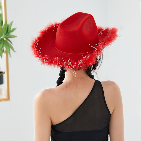 Cowboyhattar för kvinnor Fluffig fjäderkant Cowgirlhatt för möhippa, kostymfest, lek klä ut dig Red