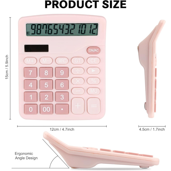 Skrivebords kalkulator, kompakt 12-sifret solcelle-batteri kontor elektronisk kalkulator med LCD-skjerm, dobbel strøm skrivebords vitenskapelige kalkulatorer Pink
