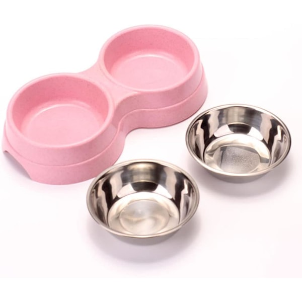 1 stk Dobbelt Hundebolle, Skridsikker Aftagelig Dobbelt Skål i Rustfrit Stål 2-i-1 Hundebolle med Spildfri Funktion til Små Hunde Pink