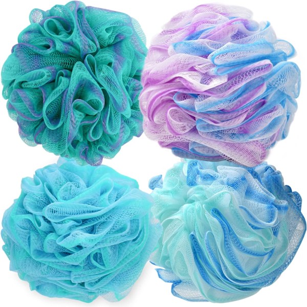 Loofah Skrubbesvamp – 60g/stk Ekstra Stor Dusjpuff, Kroppspuff, Dusjsvamp, Dusjscrunchie Sett med 4