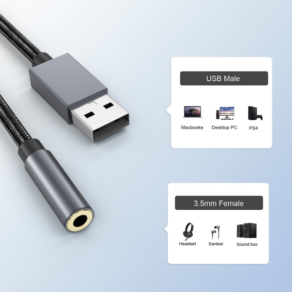 USB till 3,5 mm (hona) ljudadapter Grå Grå