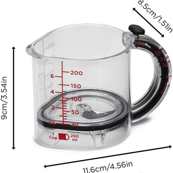 4 i 1 Justerbar Mätkopp med Skrapa-Stil Förseglad Bas Push-In Mätkoppar Inget Spill Design Multi Mätkubkoppar