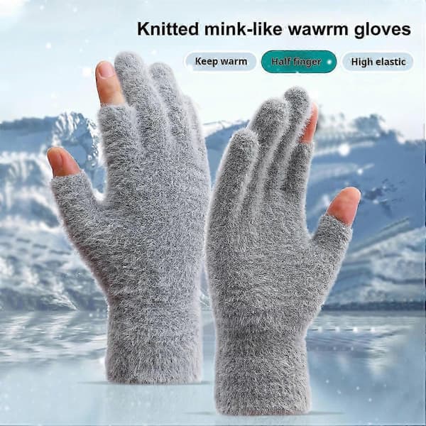 Vinterhandskar Termiska Köldtåliga Plyschhandskar Stickade Imitationsminkhandskar med Halv Grey
