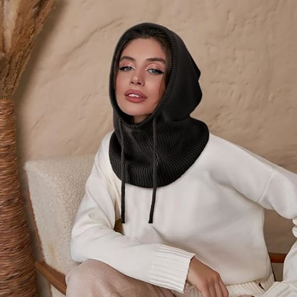 Strikket Balaklava Lue Skull Cap med Snøring Varm Hette Svart