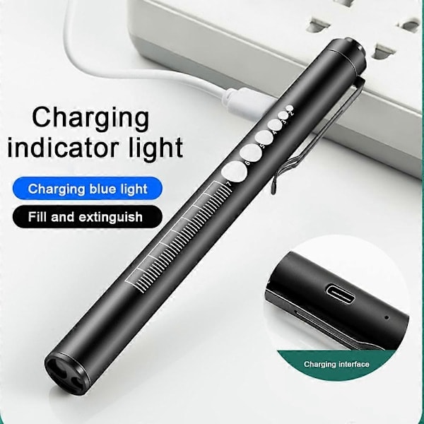 Pennelykt, Gjenbrukbar LED-pennelykt for Studenter Leger Sykepleiere med 2 Lysmoduser, USB Oppladbar, Varmt Lys og Hvitt Lys, Lommeklips Black