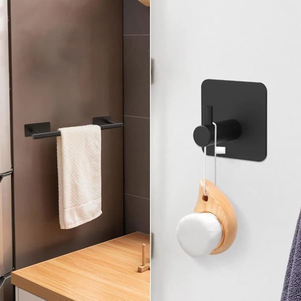 5-delt badeværelsestilbehørssæt: Håndklædestang, toiletpapirholder, vægkrog, rustfrit stål, sort