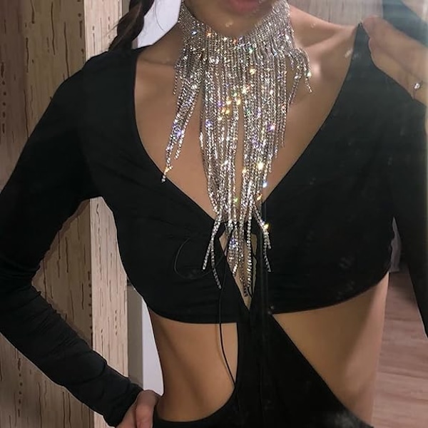 Rhinestone Statement Halskjede for Kvinner Tassel Bib Choker Krage Chunky Kostymesmykker B