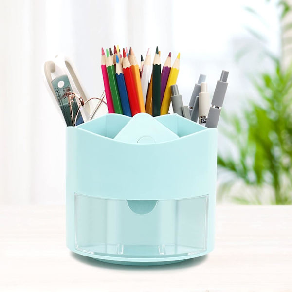 Roterende Pen- og Blyantsholder, 4 Rum Pen Pot - Skrivebordsstationær Opbevaring Makeupbørsteholder til Hjem og Kontor, Pen Organiser Desk Tidy Blue