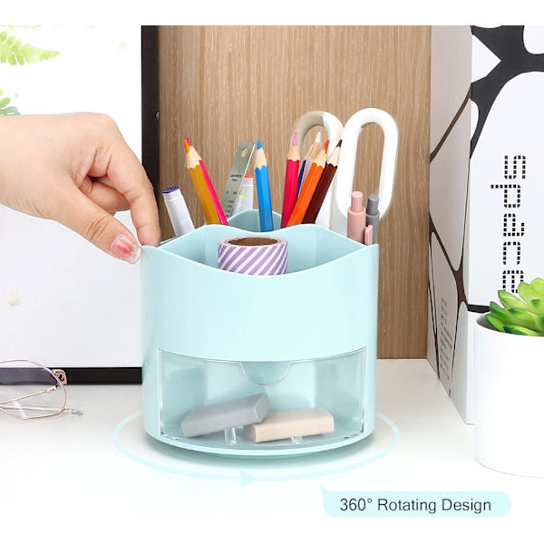 Roterende Pen- og Blyantsholder, 4 Rum Pen Pot - Skrivebordsstationær Opbevaring Makeupbørsteholder til Hjem og Kontor, Pen Organiser Desk Tidy Blue