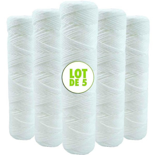 Sett med 5 skyllede vannfilterpatroner Antisediment 9 tommer 3/4 - 20 mikron kompatibel med 10 tommers filtre laget i Frankrike
