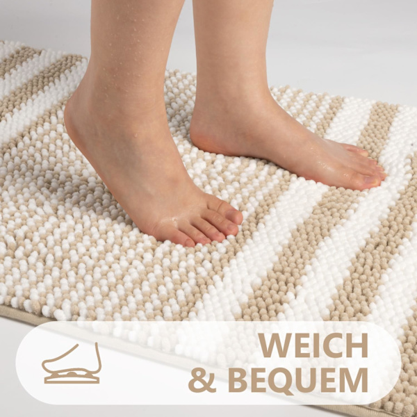 Badematte Teppe Ekstra Myk og Absorberende Fluffy Stripete Chenille, Sklisikker Lussete Badegulvmatte, Maskinvaskbar (40 x 60 cm) Khaki