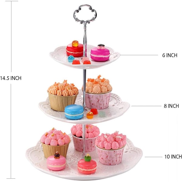 Kolmikerroksinen posliininen cupcake-tarjotin, tyylikäs valkoinen kohokuvioitu kakkuvati, kakkuvati