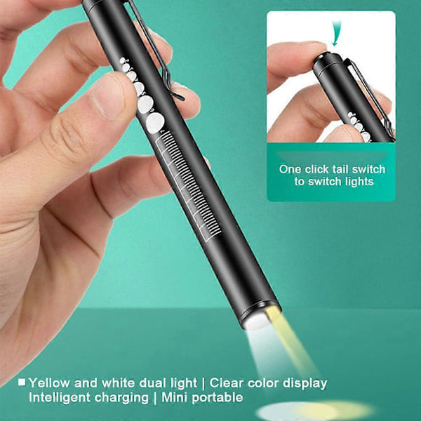 Pennelykt, Gjenbrukbar LED-pennelykt for Studenter Leger Sykepleiere med 2 Lysmoduser, USB Oppladbar, Varmt Lys og Hvitt Lys, Lommeklips Black