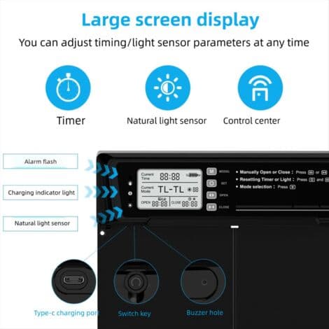 Extra stor automatisk solcellsdriven hönshusdörr – LCD-skärm, fjärrkontroll, ljussensor, timer och klämskydd – 39 x 29