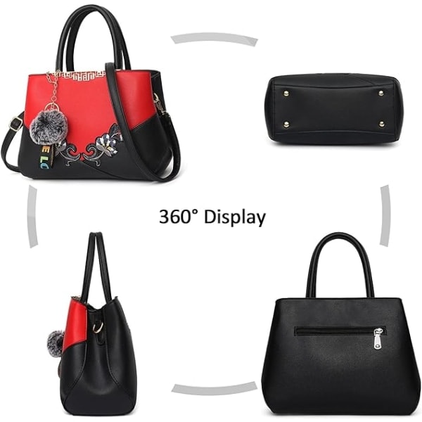 Dame Top Håndtaske Skuldertaske Pom Pom Dekoration Dame Tote Taske Messenger Taske Rejse Vandtæt PU Læder (Rød B+ Pom Pom Dekoration)