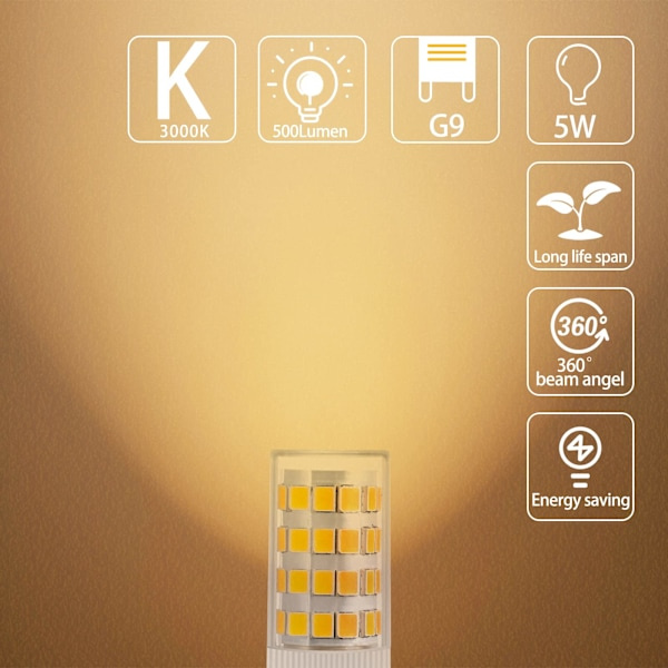 G9 LED-lampor Varmvitt, 5W, 500LM, 3000K, Ersättning 40W G9 Halogenlampa, Flimmerfri Ej Dimbar för Belysningsdekor, Krona, 10-pack