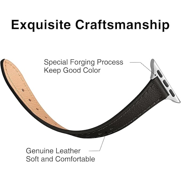 Läderarmband Kompatibelt med Apple Watch-armband Äkta Slim&Thin Läderersättningsband, Armband för iwatch Serie Kvinnor Män Black&Silver 42/44/45/49mm