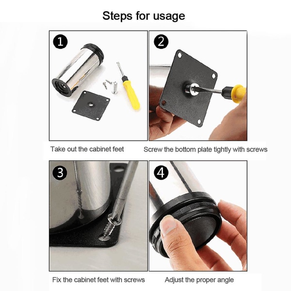 4 stk Justerbare Ben i Rustfritt Stål for Skap, Bord, Sofa, Seng, Møbler 50*60mm