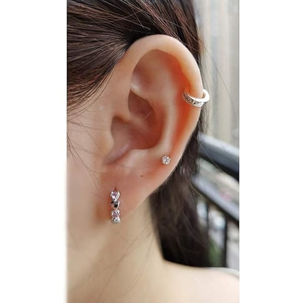 Dubbla Hjärtformade Cubic Zirconia Sovsmå Högörhängen för Kvinnor Tonårsflickor Sterlingsilver Brosk Små Söta