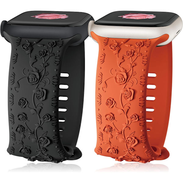 Gravert Rem for Apple Watch-reimer, iwatch-reim Kvinner, Myk Silikon Rose Blomstermønster Bånd for iWatch Series-reim Black/Orange 42/44/45mm