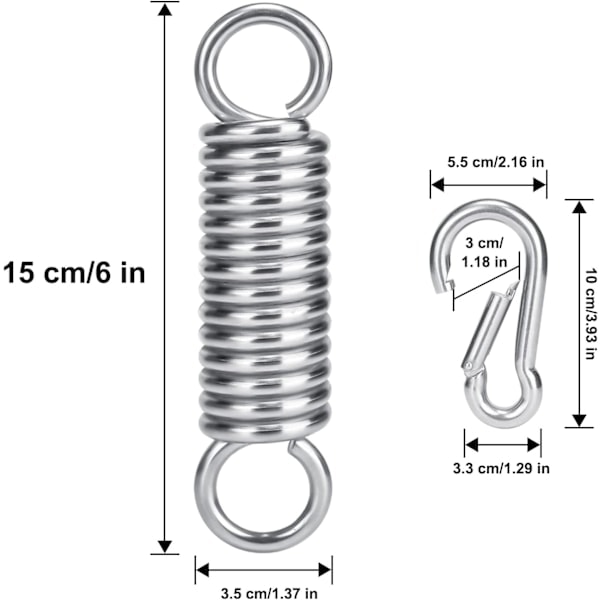 Fjäderfäste för Upphängning, 250 kg Kapacitet, 2x M10 Karbinhakar, 1x Upphängningsfjäder, för Hängmatta Gungstol Boxningssäck Yoga Silver