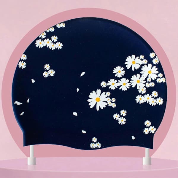 Silikonbadehette for kvinner og jenter, vanntett blomstermønstret badehette for langt hår (marineblå)