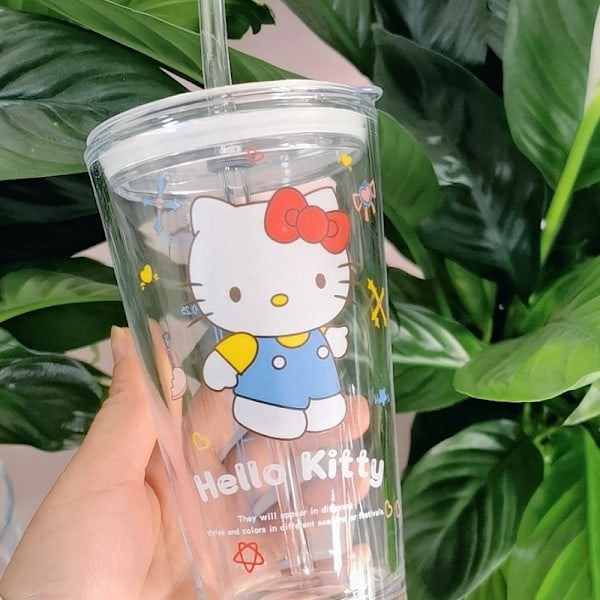 Transparent Glas Vattenkopp Söt Tecknad Frukostkopp Sugrör Med Lock Mjölk Juice Vattenkopp Glas Sippy Kopp Barnpresent Hello Kitty