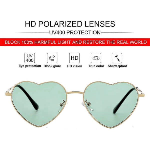 SDIGV Polariserte Hjerte Solbriller for Kvinner Mote Nydelig Stil Metallramme UV400 Beskyttelse Linse Gold Green