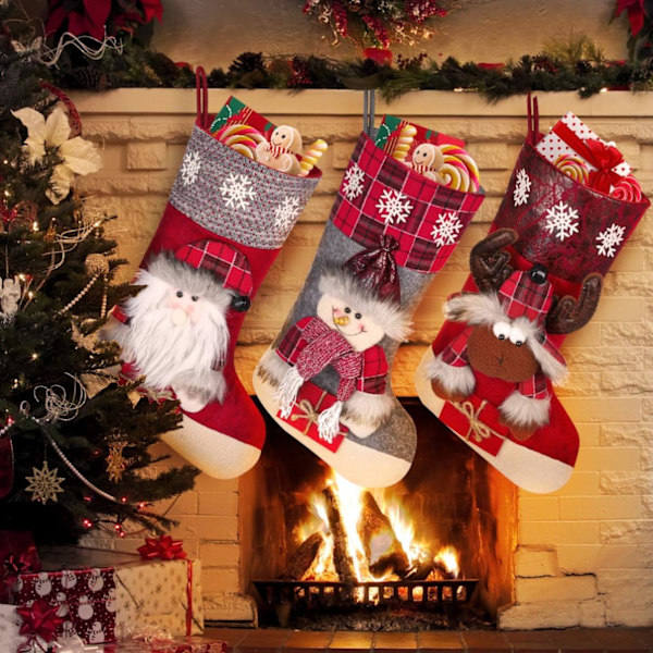 Julstrumpor, tomte, snögubbe, ren 3D plysch Chr
