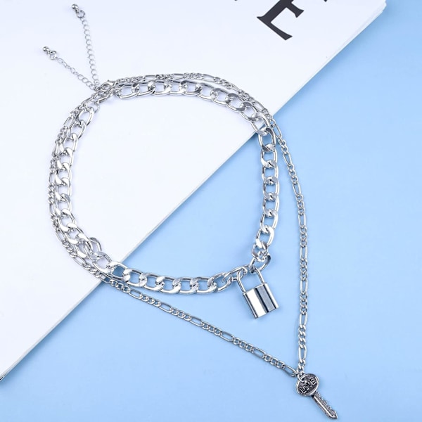 Punk-ketju Kuubalainen Paksu Choker Hopeinen Kerrostettu Kaulakoru Lukko Kaulakoru Riipus Avain Kaulakorut Litteä Reunaketju Paksu Ketju B