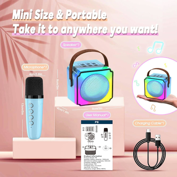 Lasten Karaoke-laitteet 2 mikrofonilla, Kannettava Bluetooth-kaiutin värikkäillä LED-valoilla, Äänen muuttaminen, Mini Karaoke-laite syntymäpäivälahjoiksi Blue