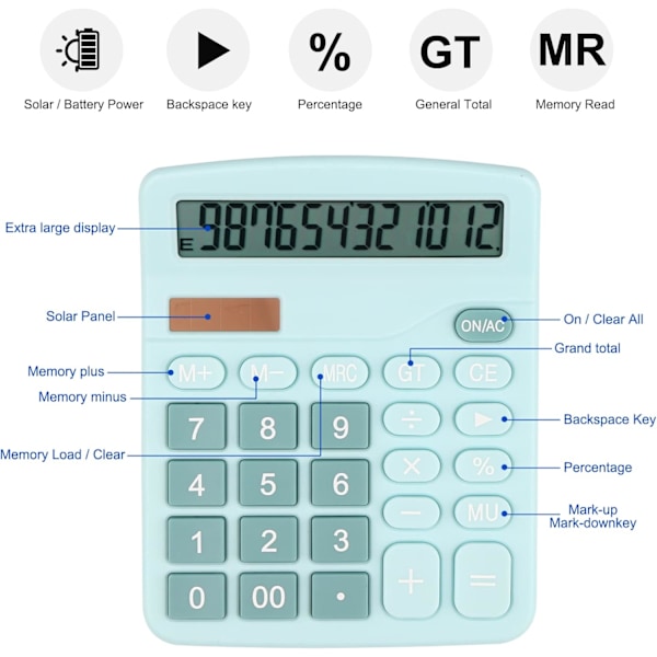 Bordberegner, Kompakt 12-cifret Solbatteri Kontor Elektronisk Beregner med LCD-skærm, Dobbelt Strøm Desktop Videnskabelige Beregnere Blue