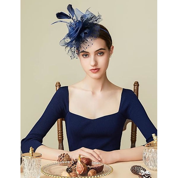 Nätfjäder Fascinator Blomma Hårclips Fascinator Hatt Brud Huvudbonad Bröllop Kyrka Te Party Derby Hattar Race Hattar Dark Blue