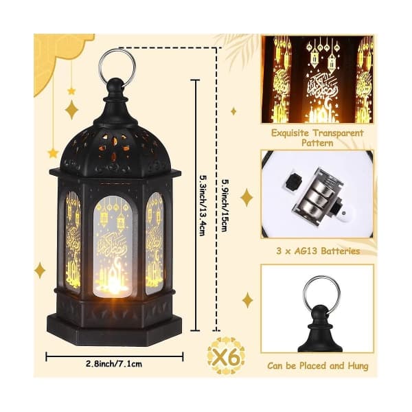 6 stk. Mini Ramadan Candle Mubarak Lanterne Led Eid Mubarak Lanterne Måne Stjerne Lys Bordpynt