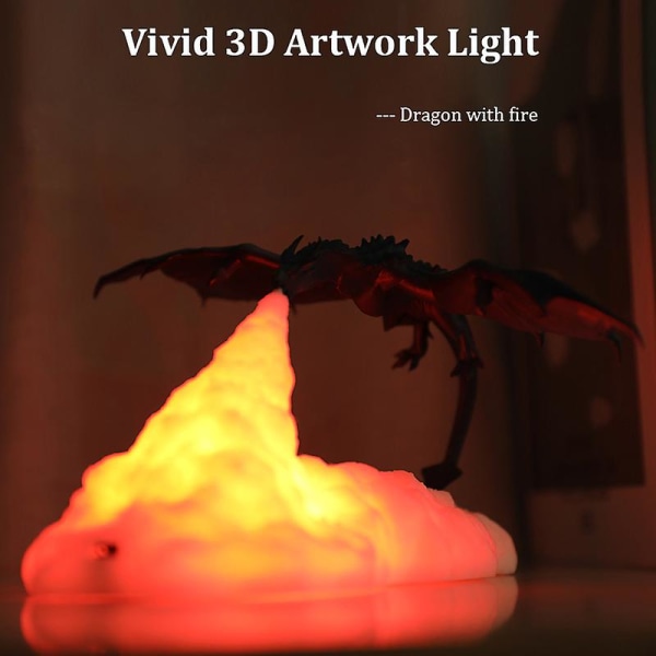 Nattljus 3d-utskrift eldsprutande drake nattljus kreativt hem andningsljus led laddningsbordslampa heminredning