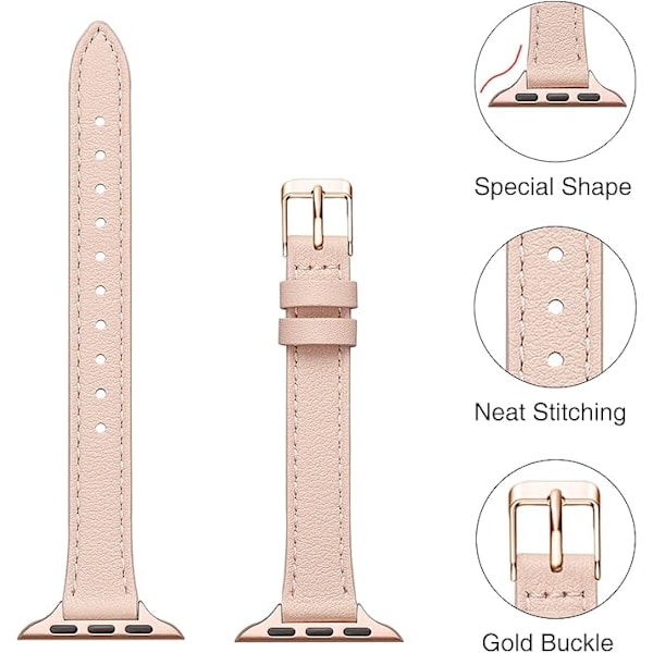 Læderrem Kompatibel med Apple Watch Remme Ægte Tynd & Fin Læder Udskiftningsrem, Armbånd til iwatch Serie Kvinder Mænd Pink sand&Rosegold 42/44/45/49mm