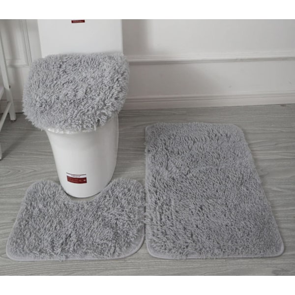 Mjuka Mikrofiber Badmattor Set med 3 delar, Badmatta + Konturmatta + Toalettlockskydd, Halksäkra Badmattor med PVC-prickar Flanellbakstycke Light Grey