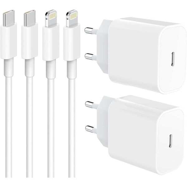 (2 stk.) iPhone 20W Hurtigoplader OG USB-C Lightning Kabel 20W 2 meters