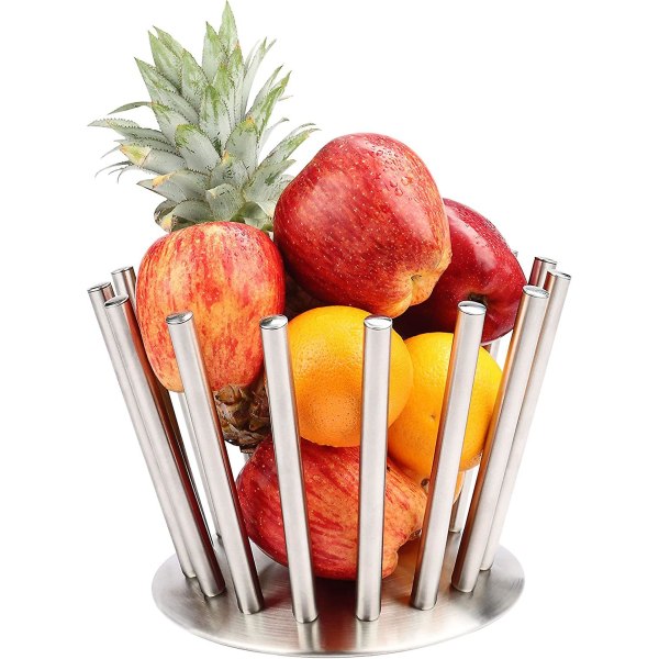 Silver Rostfritt stål Creative Fruktkorg - Stort dekorativt köksskålställ för äpplen, bananer, apelsiner och bröd - Hållare för bänkskiva