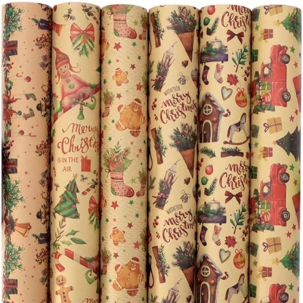 Julepapir for julegaver, 12 ark julepapir, Kraftpapir for julegaver, Resirkulert kraftpapir for julegaver 70x50CM