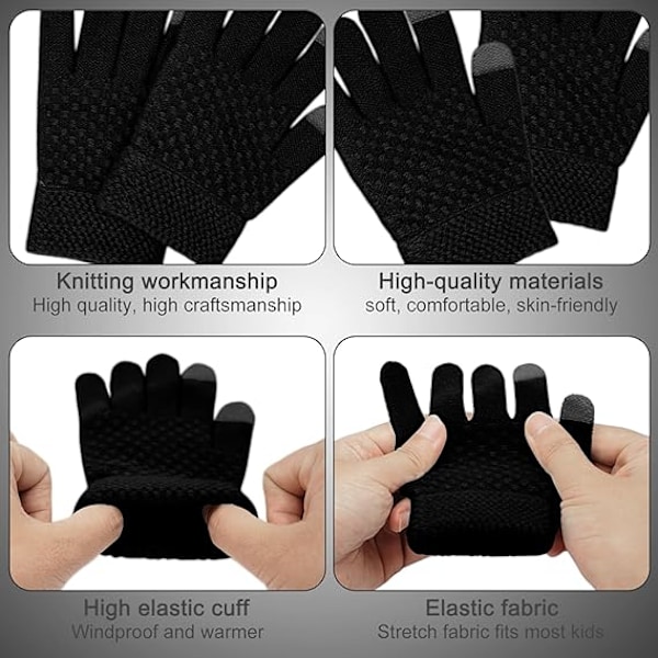 Vintermössa, Halsduk och Vantar Set för Barn, 3-Delar Stickad Varm Crochet Tjock Fluffig Halsduk Pom Pom Mössa Två Fingrar Touch Screen Vantar Set Black