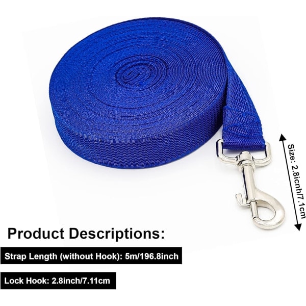 Ekstra Lang Hundetreningsline, 5m Nylonline for Store, Mellomstore og Små Hunder - Perfekt for Innkallingstrening, Lydighet, Løping, Camping Blue