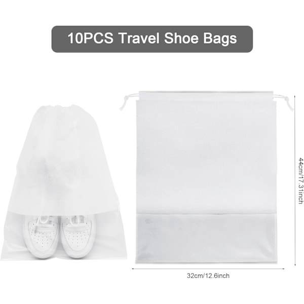 10 stk. Rejseskopose, Skoposer, Skoposer til Rejser, Snørepose af Non-Woven Materiale med Gennemsigtigt Vindue til Daglig og Rejsebrug White-c10
