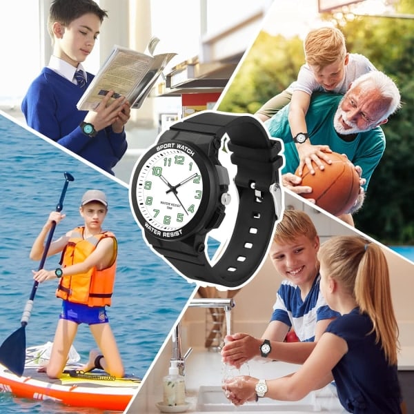 Barnklockor Pojkar Flickor, Analog Klocka med Bakgrundsbelysning, Tonåringar Barn 5ATM Vattentät Analog Klocka Mjukt Gummiband Lätt att Läsa Svart&vit