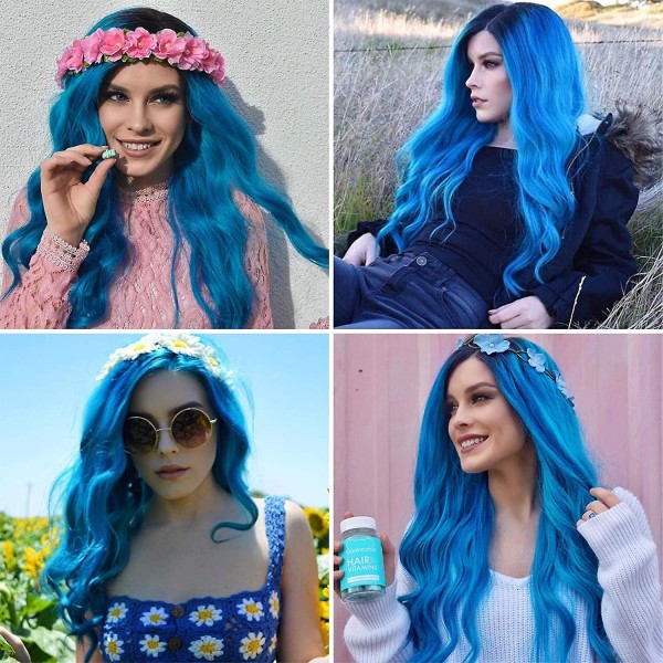Blå peruk för kvinnor Långt blått lockigt vågigt hår Peruk Naturlig söt pastellfärgad peruk med andningsbar cap Perfekt för vardagsfest Cosplay